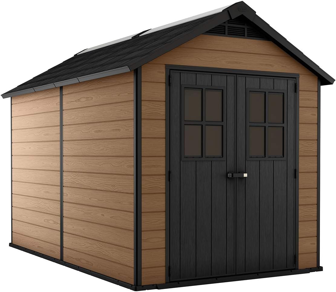 Keter Newton 7.5x11 Large Resin Outdoor Storage Shed Kit – Perfect to Store Patio Furniture, Garden Tools, Bike Accessories, and Lawn Mower, Mahogany Brown