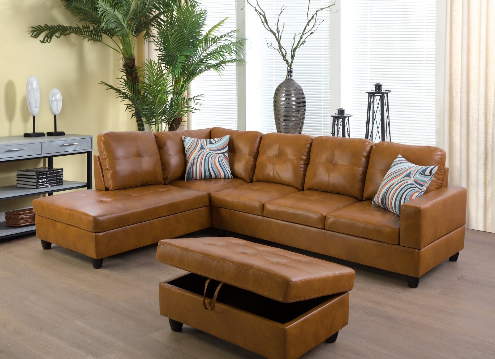 Wilhelmine 103.5′′ Wide Faux Leather Sofa & Chaise With Ottoman