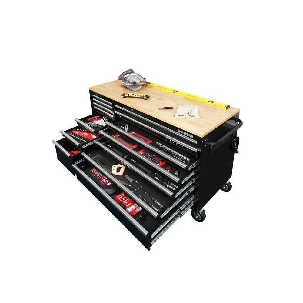 62 in. 14-Drawer Mobile Workbench with Solid Wood Top, Black