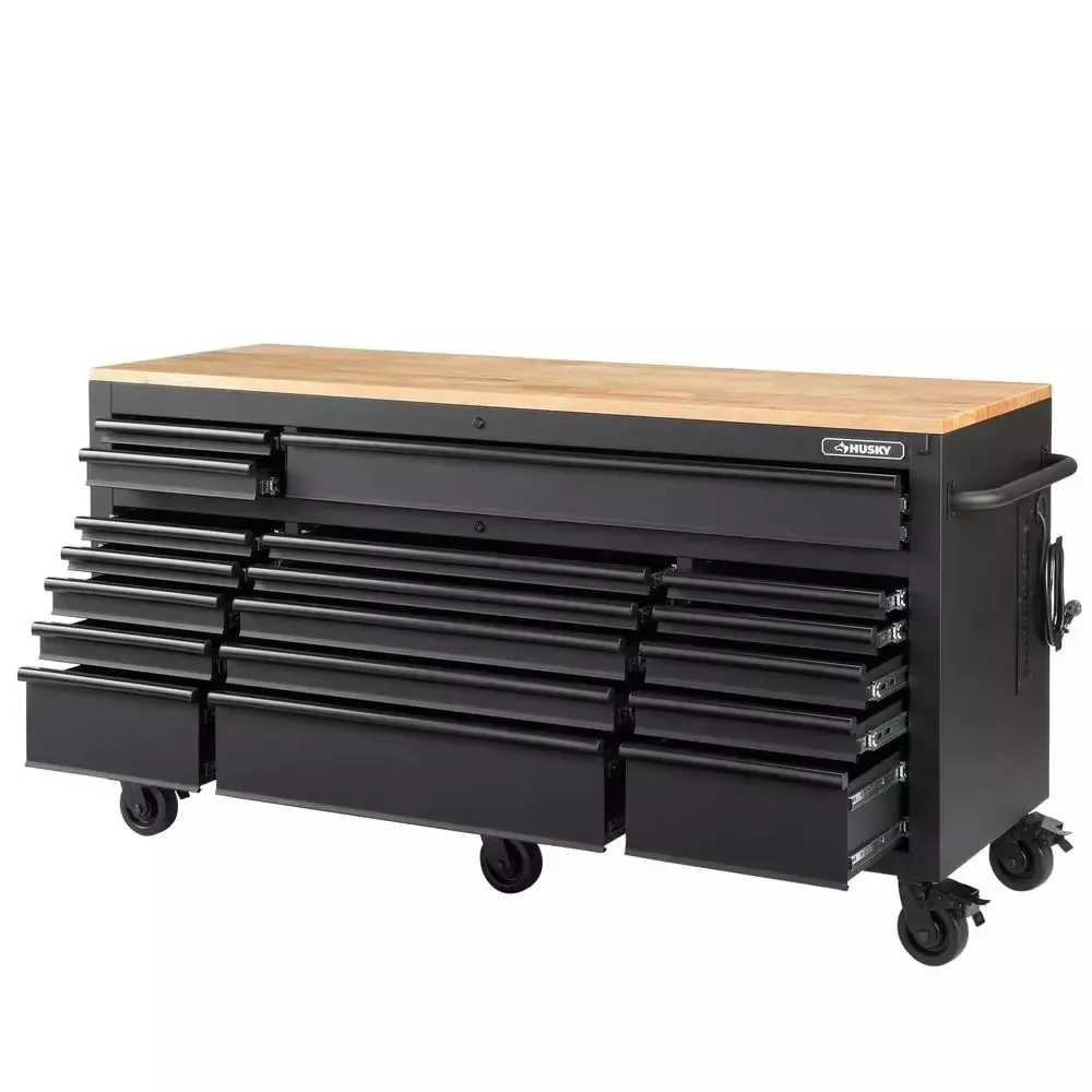HEAVY-DUTY 72 IN. W 18-DRAWER, DEEP TOOL CHEST MOBILE WORKBENCH IN MATTE BLACK WITH ADJUSTABLE-HEIGHT HARDWOOD TOP