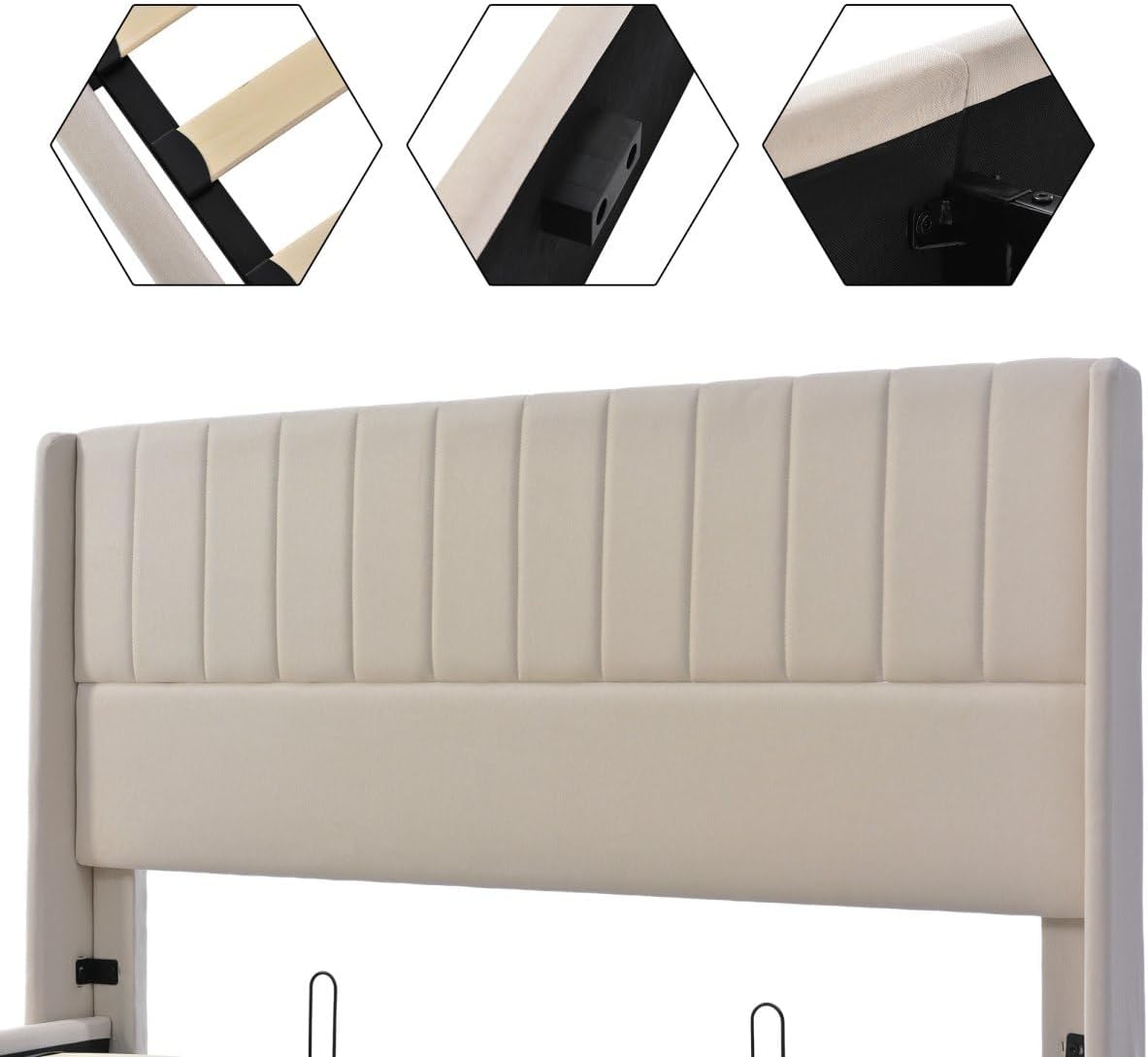 Sweiko Upholstered Linen Bed 180 x 200 cm Hydraulic with Vertical Stripe Design