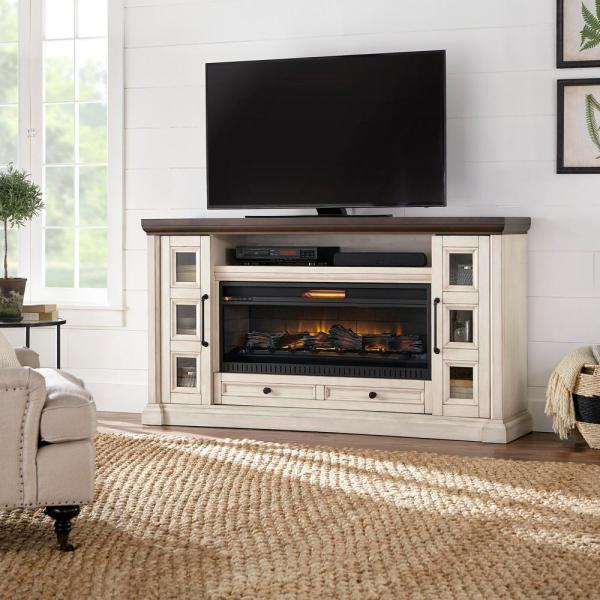 Cecily 72 in. Freestanding Electric Fireplace TV Stand in Antique White with Warm Charcoal Top Finish