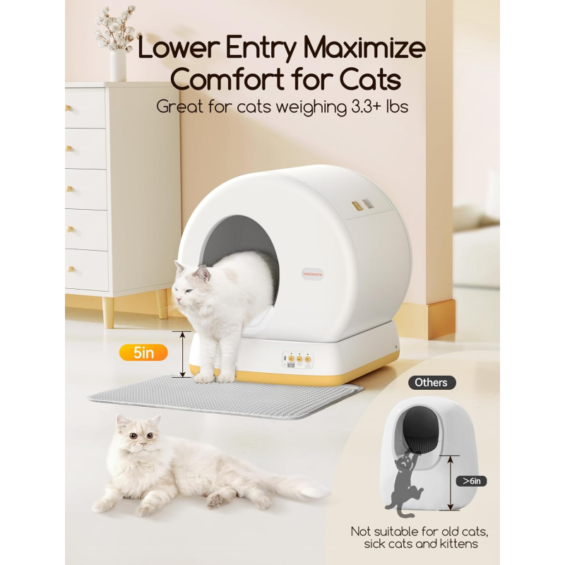 MeoWant Self-Cleaning Cat Litter Box, Advanced Safety System Automatic Cat Litter Box Perfect for Multi Cats, Extra Large/Odor Control/APP Control Smart Cat Litter Box with Mat & Liner, Yellow
