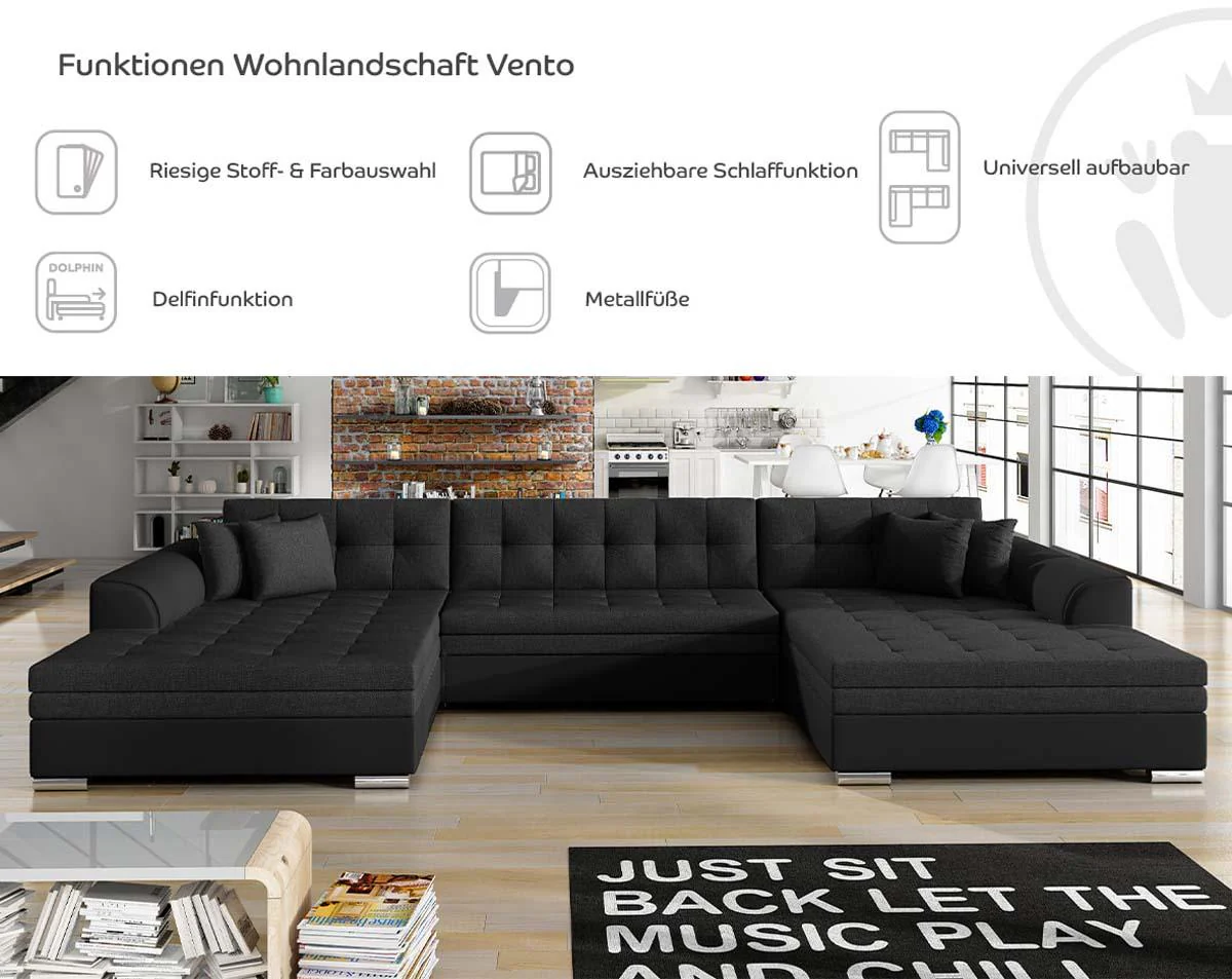 Vento Wohnlandschaft 355 x 165 cm Hellgrau / Weiß (Webstoff / Kunstleder)